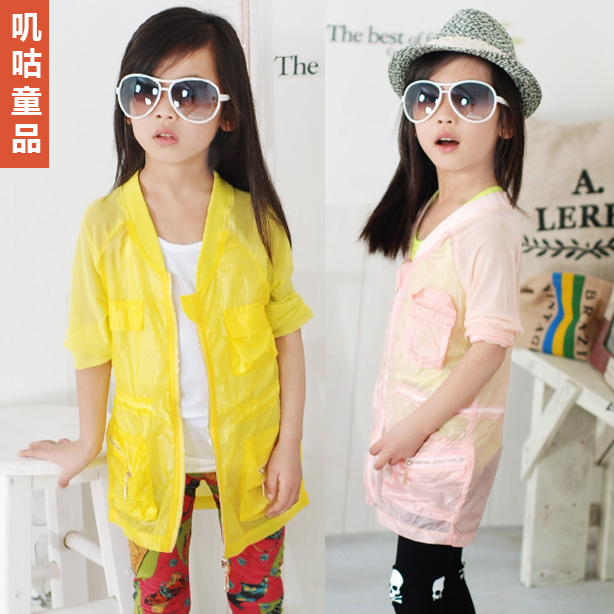 2013 children's spring and summer clothing V-neck multi-pocket female child sun protection clothing shirt membrane clothing long