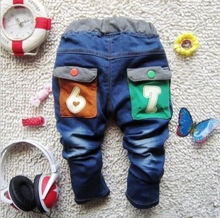 2013 Children's Spring Casual Jeans Colorful Patch Pockets Soft Denim Trousers Boys/Girls Spring Long Jeans