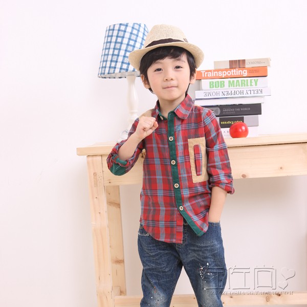 2013 children's spring  clothing    boy's  patchwork plaid shirt    wholesale! free shipping  5ps/lot