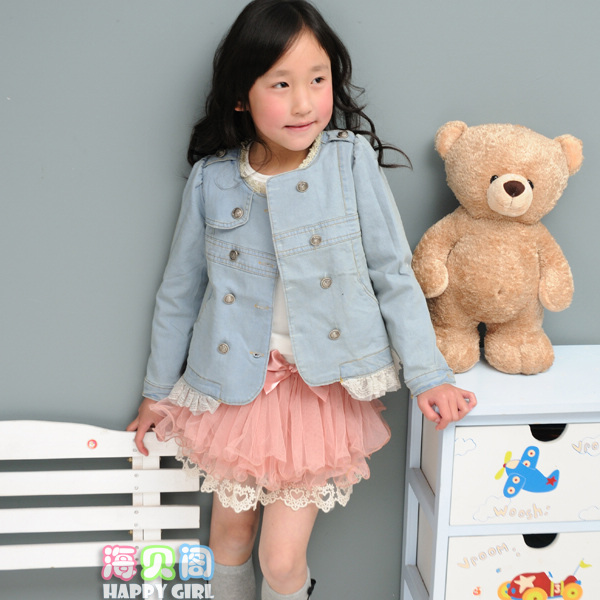 2013 children's spring clothing female child lace decoration double breasted denim outerwear top trench shorts