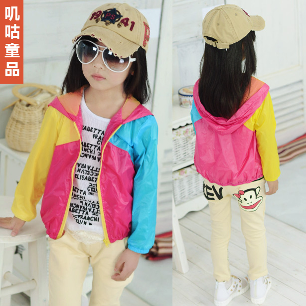 2013 children's summer clothing female child colorant match ultra-thin trench outerwear with a hood sun protection clothing