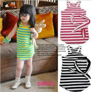 2013 children's summer clothing girls stripe round swing design long tank dress slim hip skirt hair bands