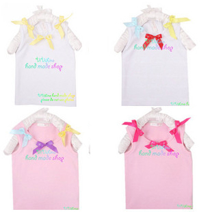 2013 children summer dress Child short-sleeve T-shirt bow white vest T-shirt sleeveless top rosette tank