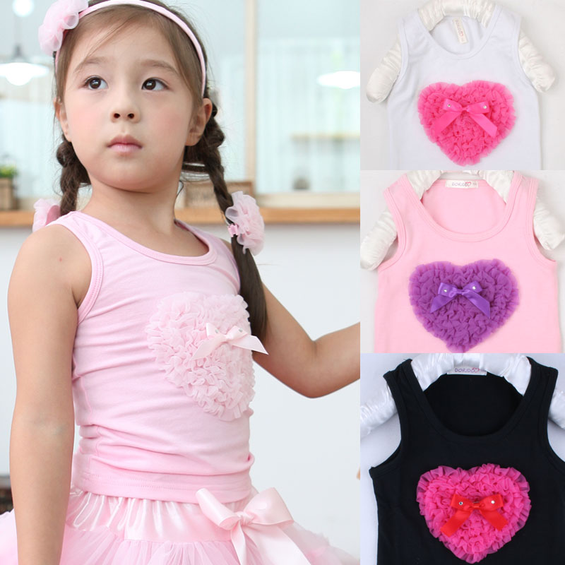 2013 children summer dress Female child top heart bow vest sleeveless T-shirt personality top female child vest rosett