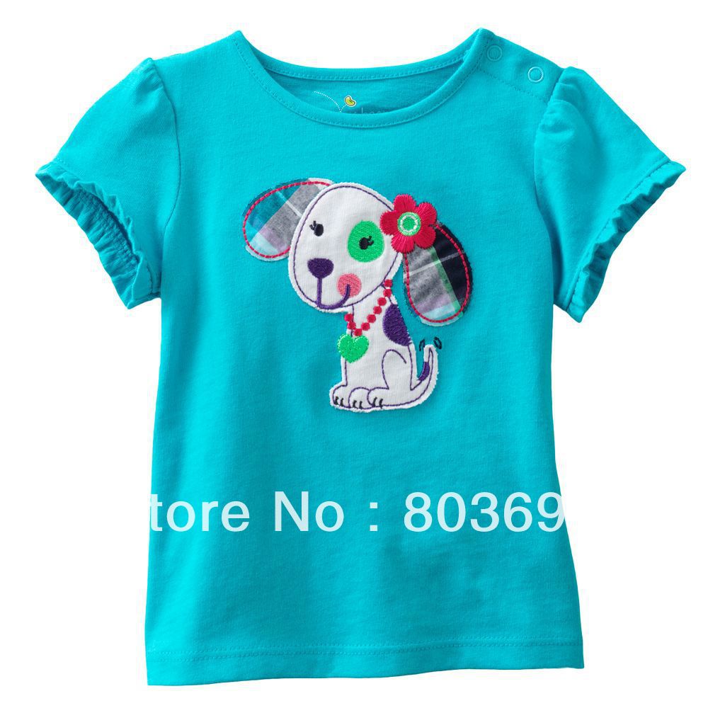 2013 Children tshirt with puppy/ baby girl short-sleeve blue top / 100% cotton kids clothes  ST-005