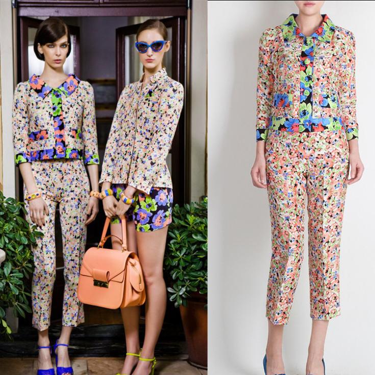 2013 chun xia dress wholesale romantic printing sweet style took silk suit jacket and trousers
