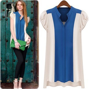 2013 Color Block Blouse Madarin Collar Button Up Women Long Casual Shirts Oversize Blue White Puffy Short Sleeves Loose Tops