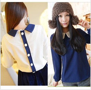 2013 color block decoration peter pan collar behind the big round buckle thickening chiffon basic shirt