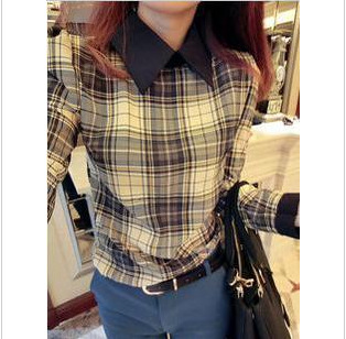 2013 color block decoration peter pan collar shoulder pads plaid shirt top