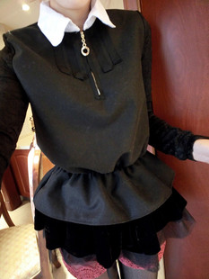 2013  colorant match turn-down collar lace sleeve sweep top
