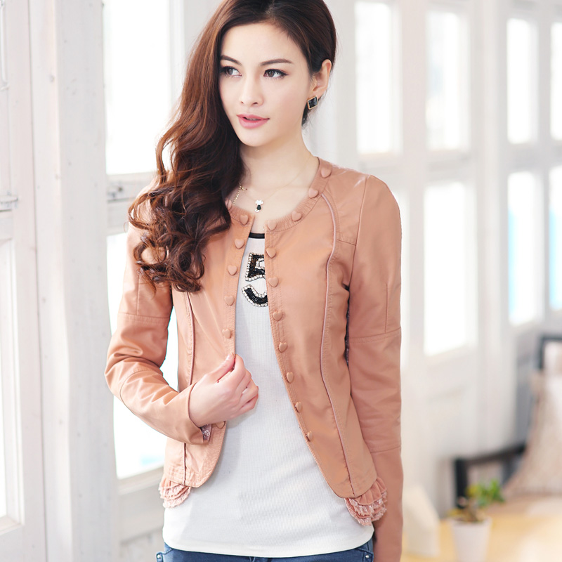 2013 crew neck heart buttons slim small leather clothing lace short design long-sleeve women's coat