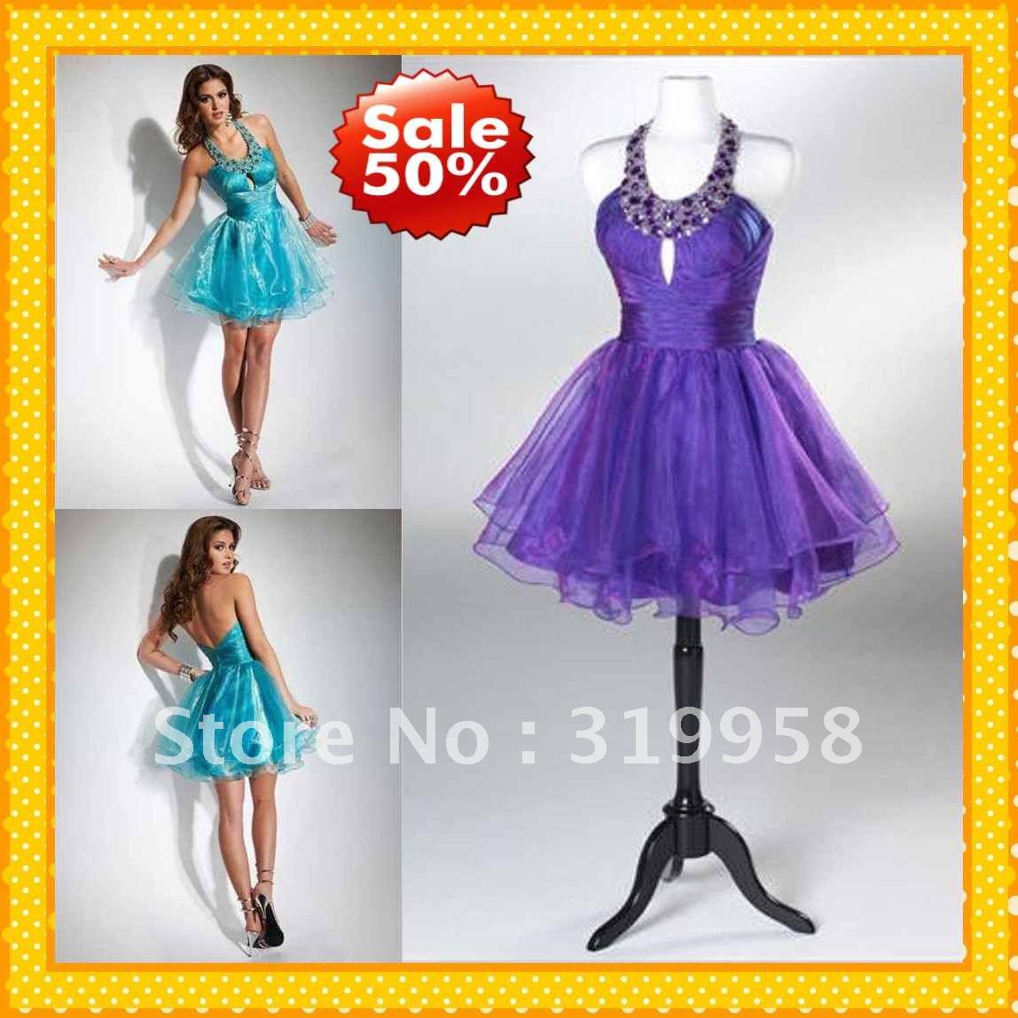2013 Custom New Purple Halter Short Organza A-line Mini Crystals Cocktail Party Dresses Prom Homecoming Formal Gowns Dress Gown