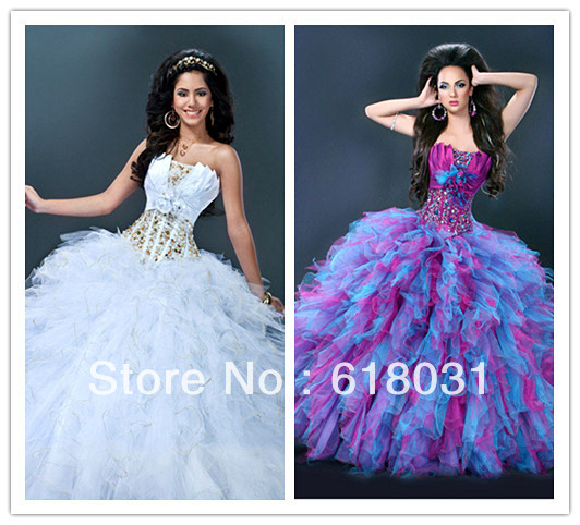 2013 Cute strapless beading ball gown floor length white tulle puffy quinceanera 15 dresses