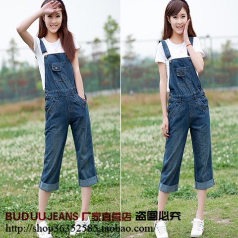 2013 denim bib pants female plus size jeans capris jumpsuit