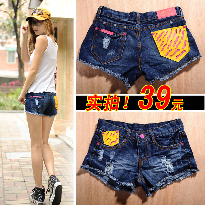 2013 denim shorts female distrressed multicolour color block loose female shorts denim