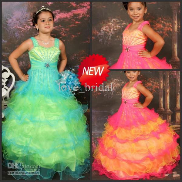 2013 Designer Ball Gown Organza Crystal Sweep Colorful Flower Girl Pageant Dress Online Gown Girls