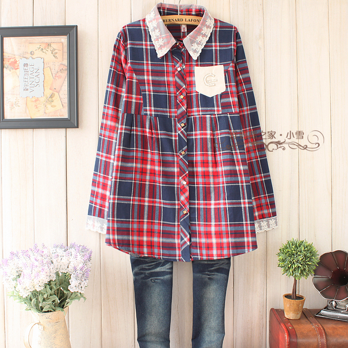 2013 double layer lace turn-down collar maternity plaid shirt maternity long-sleeve top maternity clothing w38 ,Free shipping