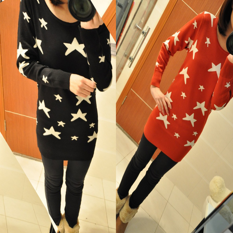 2013 double layer thickening five-pointed star jacquard blousier medium-long sweater (WC005)