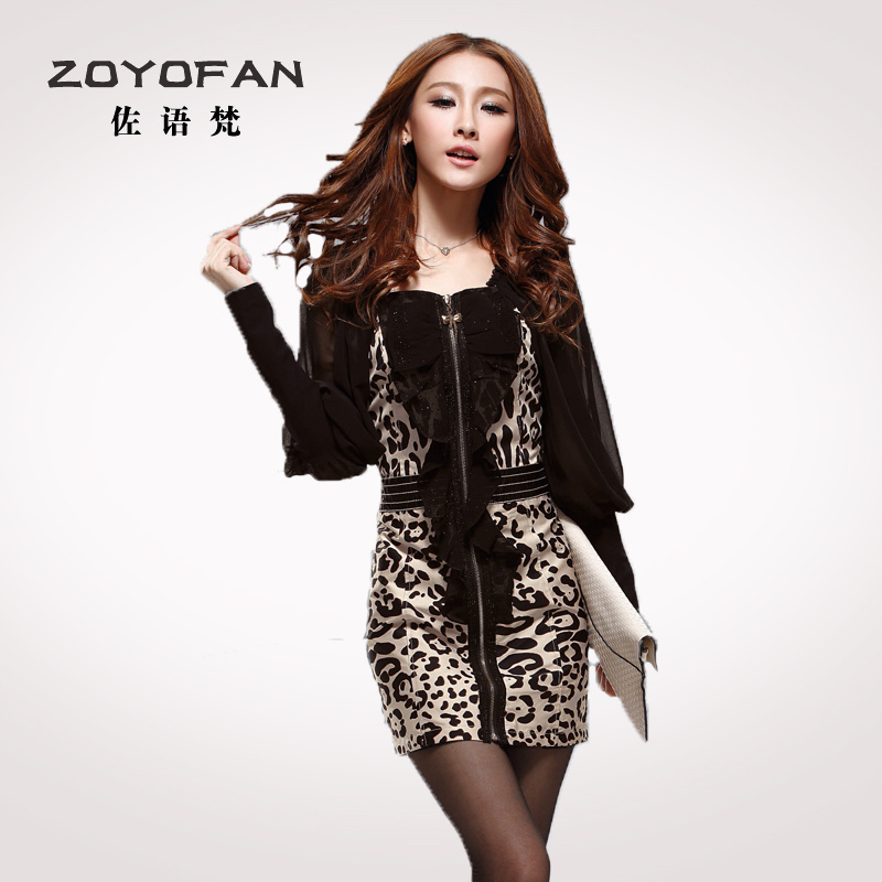 2013 dress long-sleeve fashion leopard print zipper dress PU water washed leather elegant one-piece dress fur collar