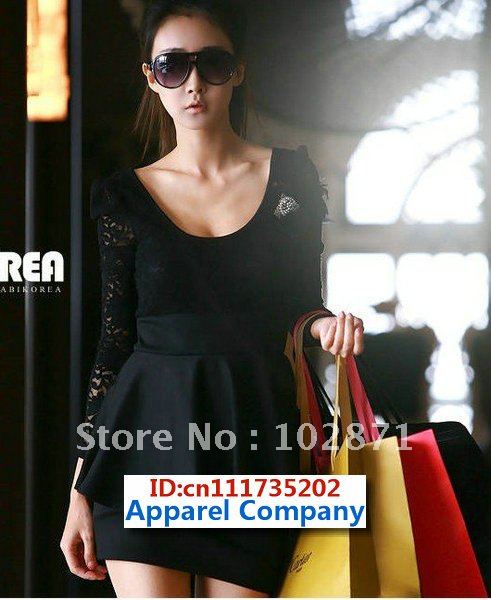 2013 dresses women dress long sleeve mini dress Elegnat Lace Black cotton blends Free Size