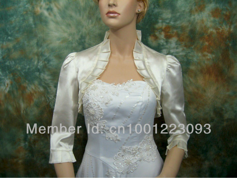 2013 Elegant 3/4 Sleeves Ruffle Edge Short Bridal Jacket Custom Made Elastic Satin Bridal Wraps J001