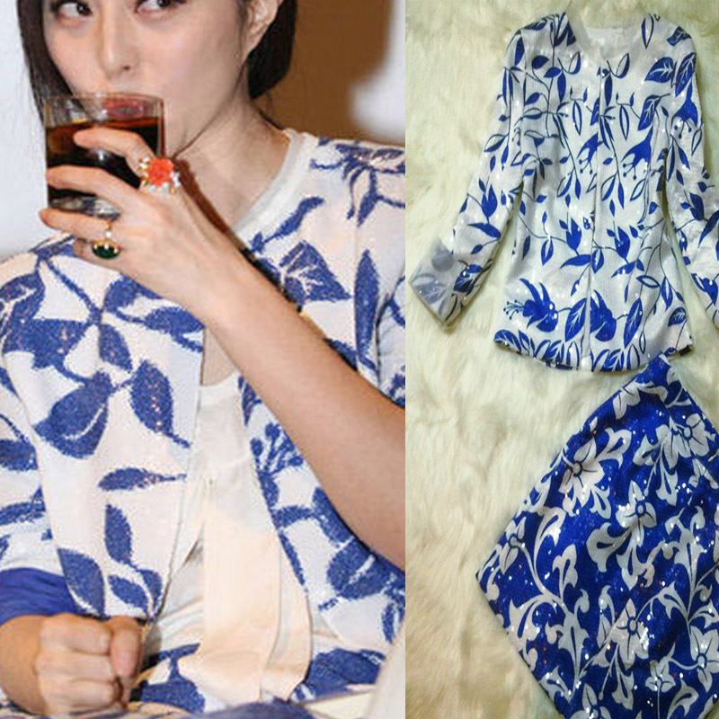 2013 elegant embroidered blue and white porcelain beads skirt set twinset