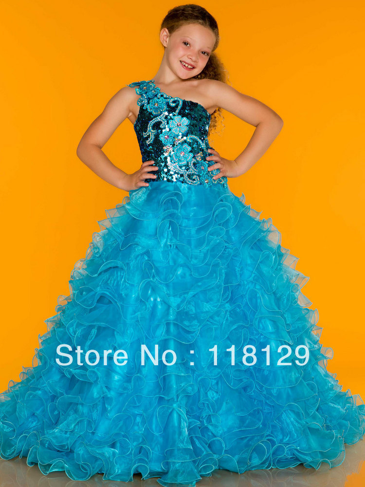 2013 Elegant  Gorgeous One-Shoulder Children Dresses Sequins Organza BallGown  Floor-length Sleeveless  Flower Girl Dresses 2279