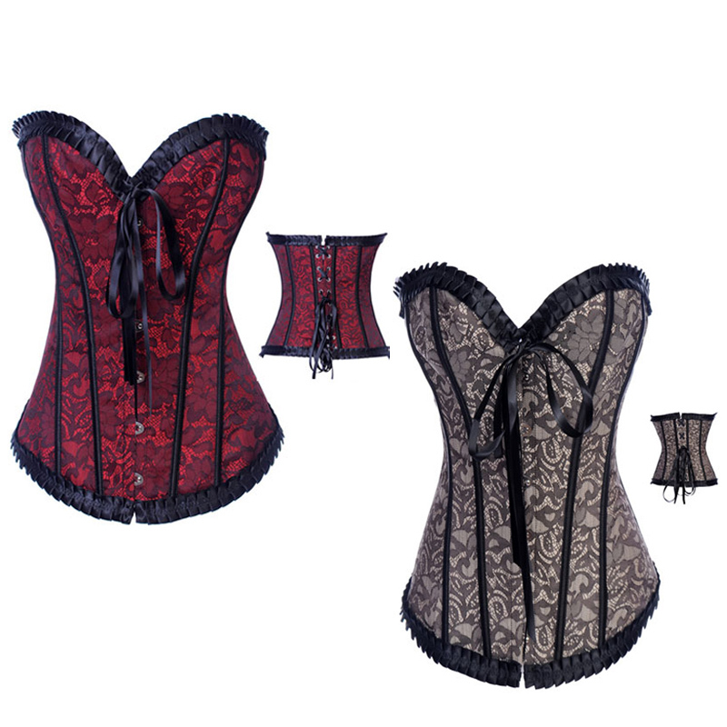 2013 Elegant Lady Sexy 2Pcs Lace Corset Red Gray Floral Embroidered Bustiers Ruffled Trim Boned Corsets G string set