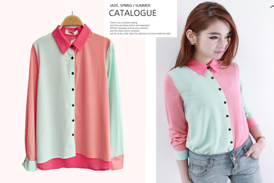 2013 EU new fashion women vintage splice turn-down collar long-sleeve chiffon shirt shirt/female top summer candy color blouses