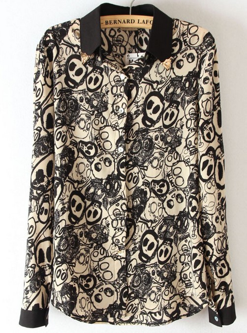 2013 Euro Brand New Scrawl Print Chiffon Blouse Metal adorn Collar Shirt Free Shipping 184