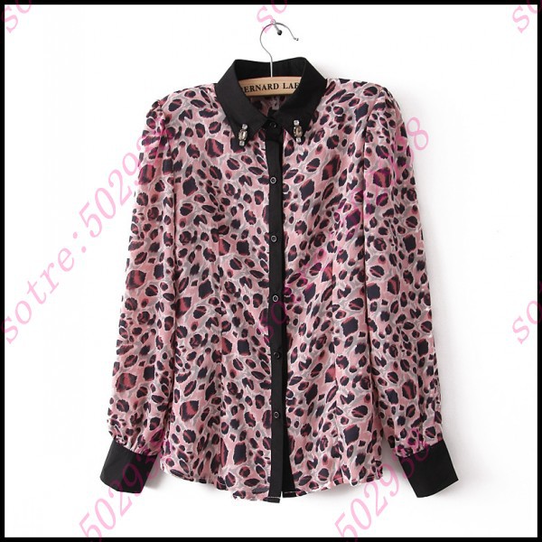 2013 Europe Style/ Chic Ladies Lapel Leopard Cotton Blouse Freeshipping