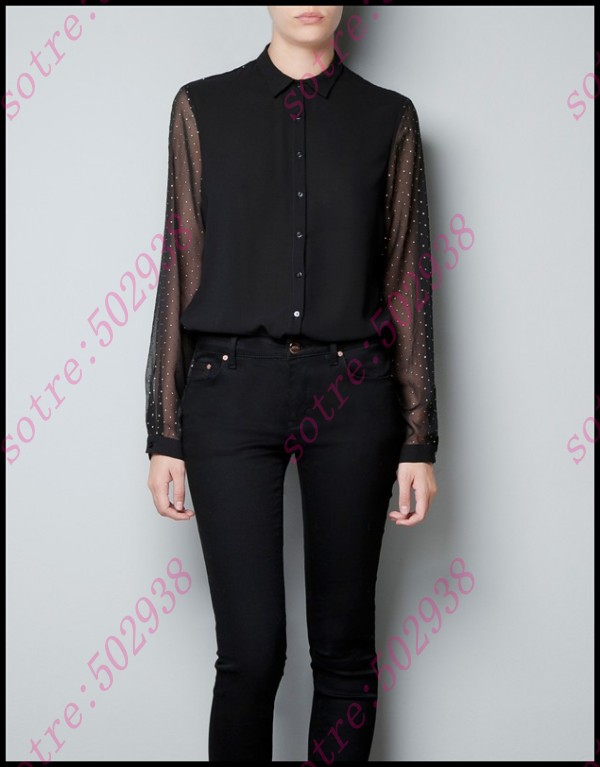 2013 Europe Style/ Chic Ladies Lapel Studded With Rhinestone Chiffon Blouse Freeshipping