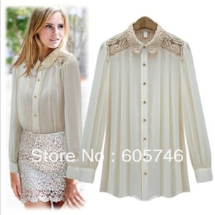 2013 Europe Style/ Chic Ladies White Hollow Out Lapel Pleated Chiffon Blouse Freeshipping