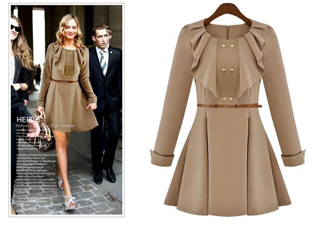 2013 Europe style long sleeve slim dress with belt, ruffles noble dresses, Khaki, Wine, S M L LX