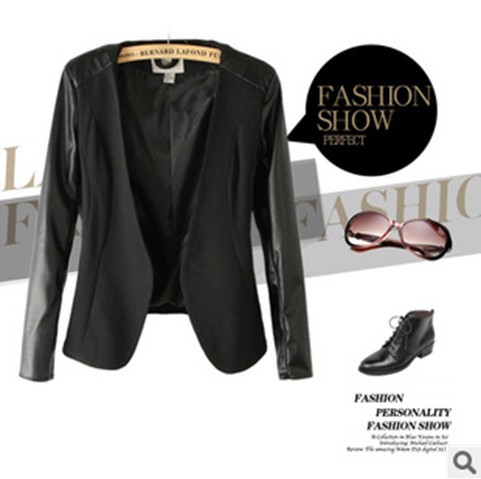 2013  European and America new spring and summer PU leather&cotton collarless Lady's Fahion Llazer YC-D3391-J24