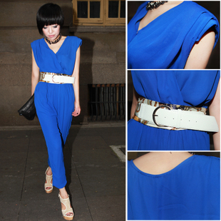 2013 European and American big new chiffon spring and summer women was thin navy blue jumpsuit