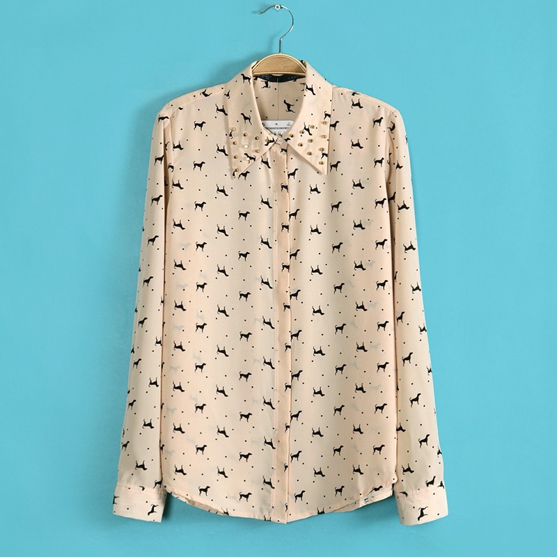 2013 excellent quality, lovely dog printed exclusive fashion rivet long sleeve ladies blouse