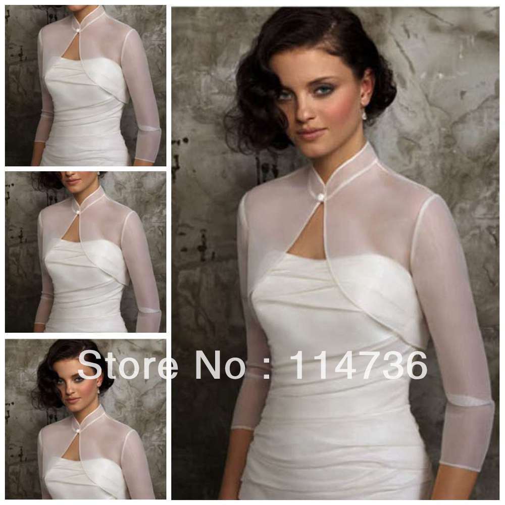 2013 Fantastic High collar Long sleeves Organza Satin Edge sheer Straps Bridal wrap Cheap Jacket wedding wrap
