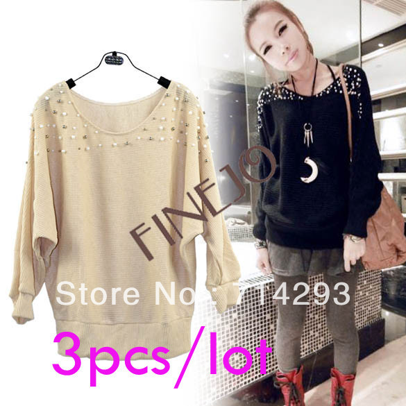 2013 Fashion 3PCS/LOT Women's Long Sleeve Pearl Knit Sweater Jacket Coat Black, Apricot Free Shipping7192