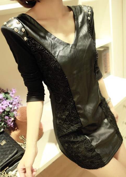 2013 fashion autumn and winter slim punk lace patchwork rivet long-sleeve leather one-piece dress