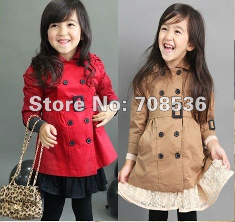 2013  Fashion Autumn winter Cotton woven Ruffle shoulder Girls Trench coat / Long outerwear Children jackets/ coats Red,Khaki