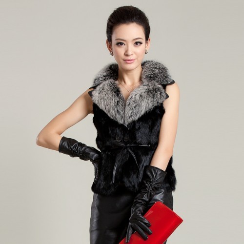 2013 fashion autumn winter leather real rabbit fur women turn down fox collar short rabbit vest black brown coat luxury jacket