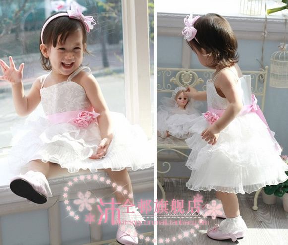 2013 fashion Best selling wholesale spaghetti straps Lace ball gown Mini white dresses for babies flower girl dress