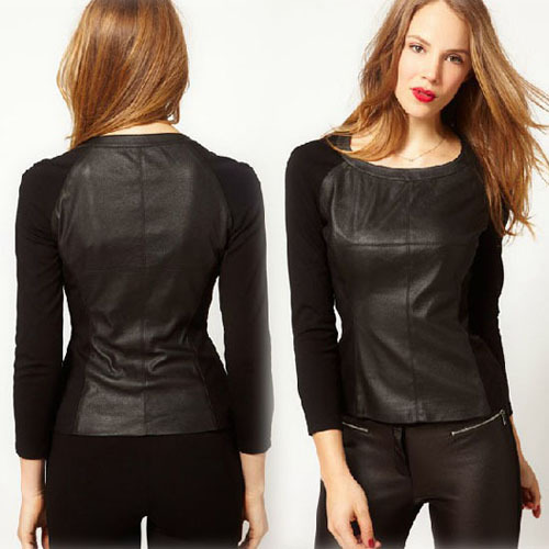 2013 Fashion Black O-Neck Long Sleeve Faux Leather And Knitted Splice Skinny Elastic Womens Shirts Blouses HY185