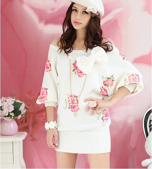 2013 fashion bow and flower sweater dresses woman , white sweater dress free shipping