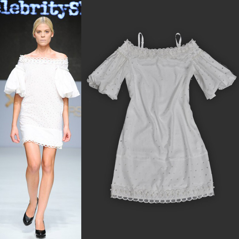 2013 fashion british style sweet sexy wide shoulder slit neckline strapless white beaded cutout one-piece dress