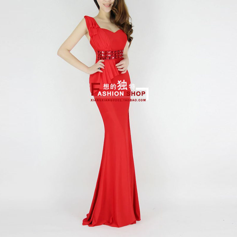 2013 fashion elegant one shoulder chiffon high waist bride the banquet evening dress full dress one-piece dress h0501