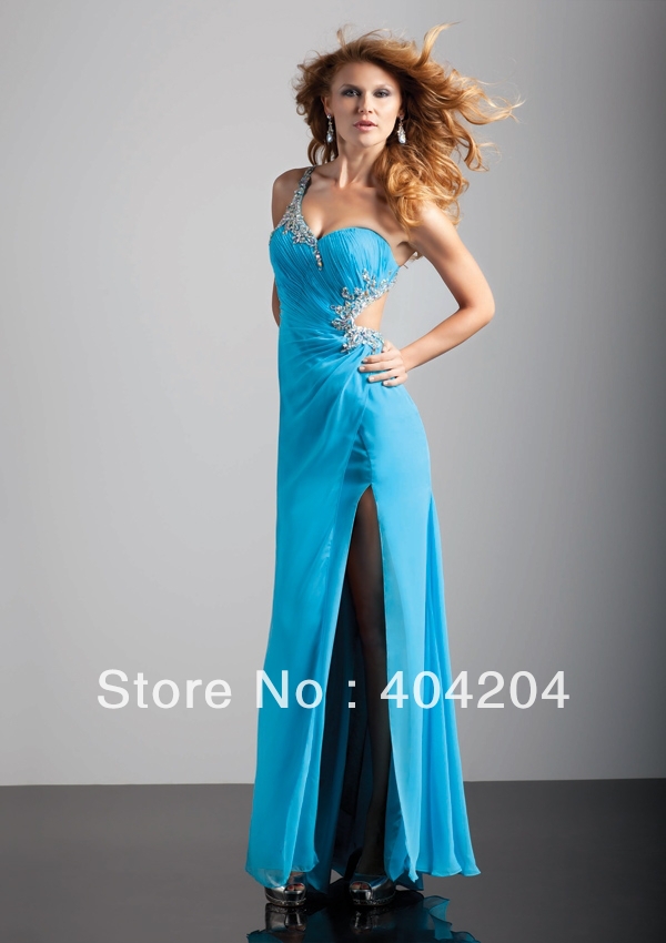 2013 Fashion Factory outlets Sleeveless Chiffon One-Shoulder Beaded Prom Dresses Evening Dress Custom All Size(TN21HHLE)