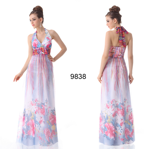 2013 Fashion Floral Printed Adjusatble Halter Sexy V-neck Evening Dress FREE DROP SHIPPING