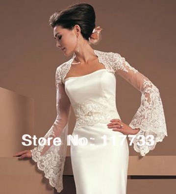 2013 Fashion Free Shipping Trump Sleeve Lace High Neck Bridal Shawl Wrap Boleros Long Sleeve Custom Made Jackets Wedding Dress
